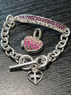 Sparkly Pink Rhinestone Silver Heart Locket Pendant & Religious Bracelet 90s Y2K